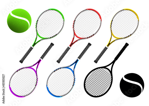 tennis racket equipment color collection with balls © LeArchitecto