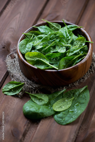 Wooden bowl with fresh spinach leaves, studio shot