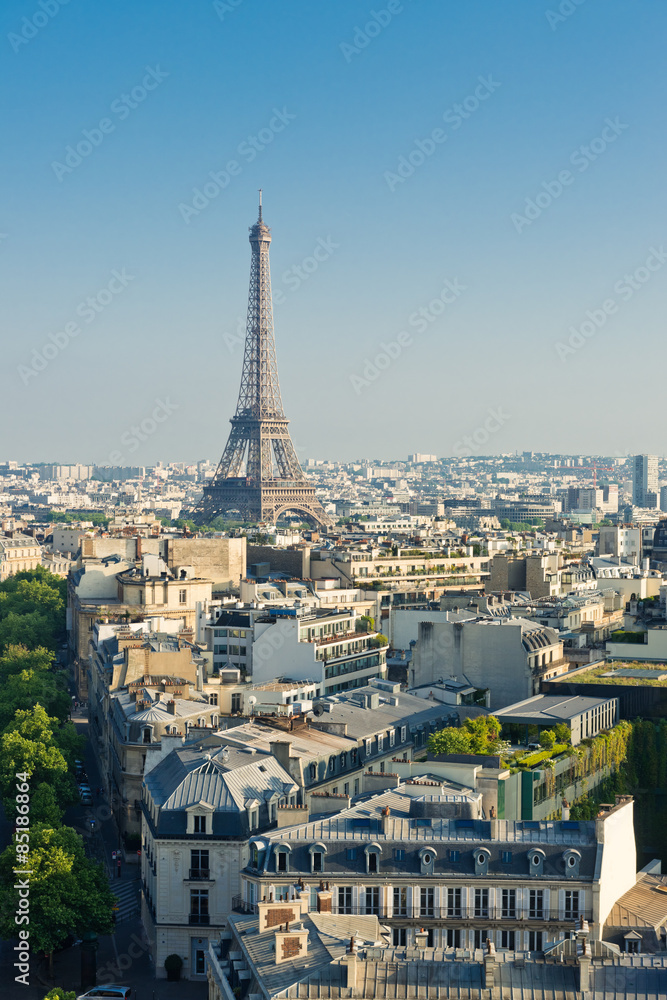 cityscape with Eiffel Tower in the light of sunset