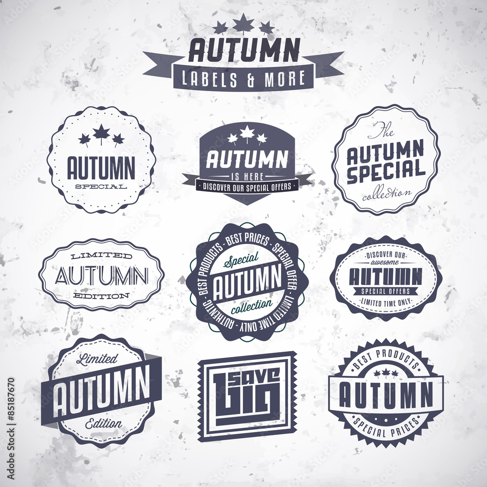 Collection of autumn sales related vintage labels on textured background