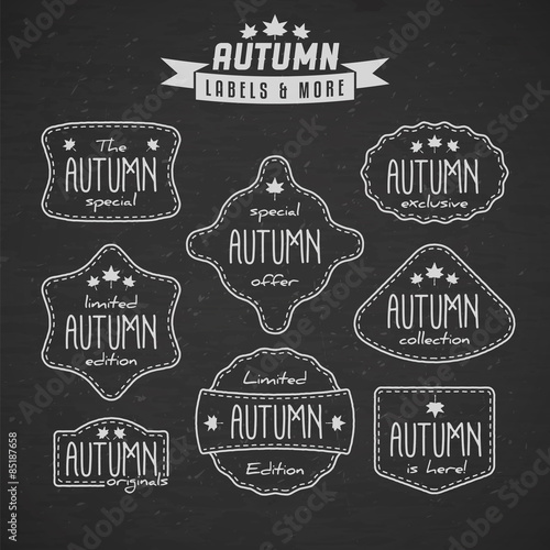 Collection of autumn sales related vintage labels on textured background