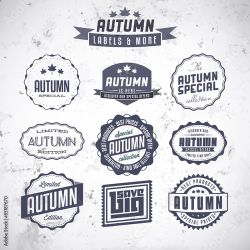 Collection of autumn sales related vintage labels on textured background