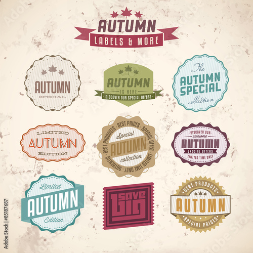Collection of autumn sales related vintage labels on textured background