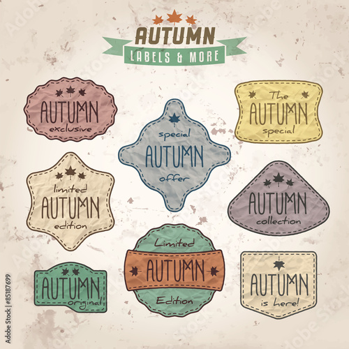 Collection of autumn sales related vintage labels on textured background