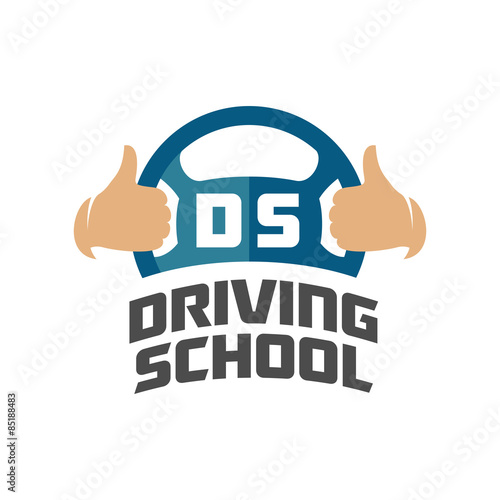 Driving school logo template. Steering whell with thumbs up hand