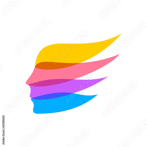 Woman face silhouette logo template. Color ribbons concept. Flat