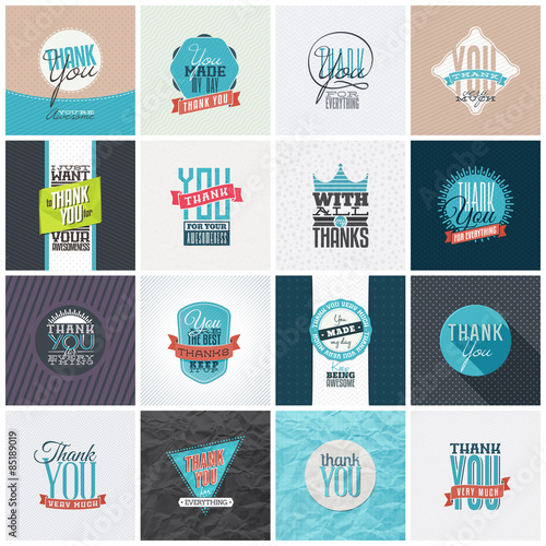 Collection of 16 vintage Thank You card designs. Well structured vector file with each card template on separate layer.