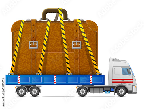 Road transportation of suitcase. Delivery of big travel bag