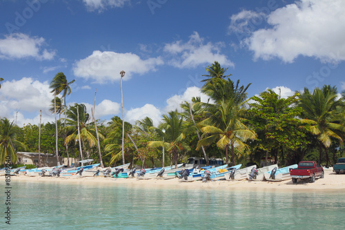 Palm trees and motor boats on tropical beach. Bayahibe, Dominican Republic © photobeginner