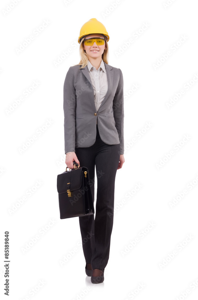 Construction employee with briefcase isolated on white Construction employee with briefcase isolated on white