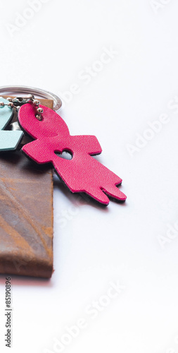 close-up leather key ring with two doll/key chain.