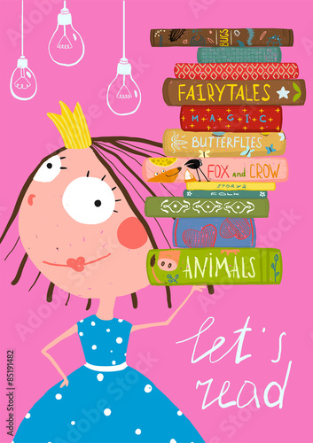 Clever Cute Little Girl Reading Books Poster