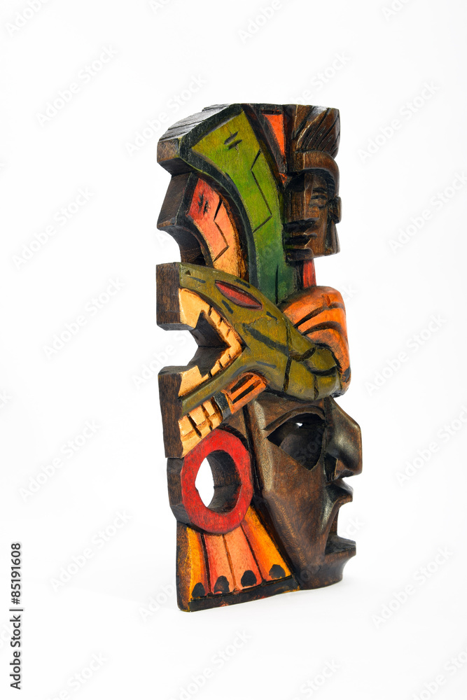 Indian Mayan Aztec wooden mask with anaconda and jaguar isolated on white background (upper angle take)