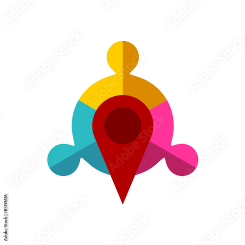 Meeting point logo template. Map pointer with team of three sign
