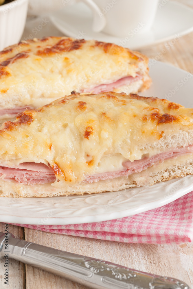 Croque Monsieur a French cheese and ham toasted sandwich