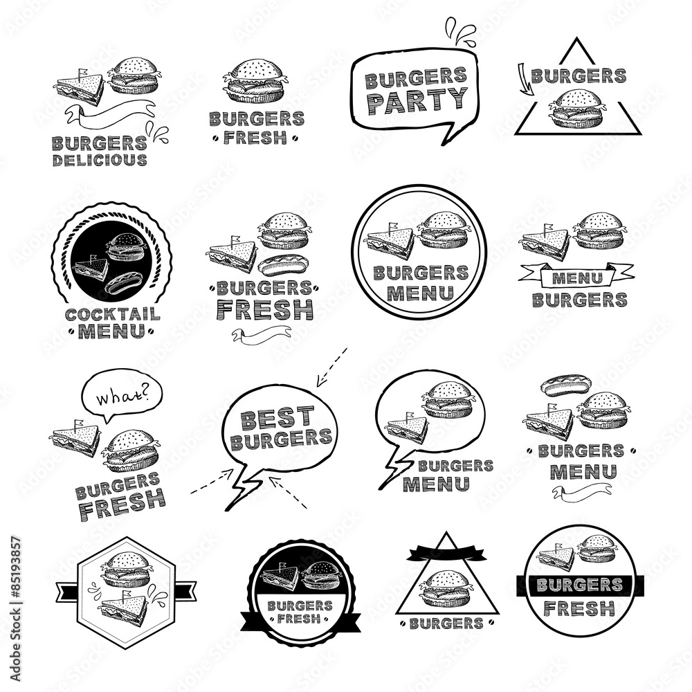 Burgers set of icons menu, vector illustration.