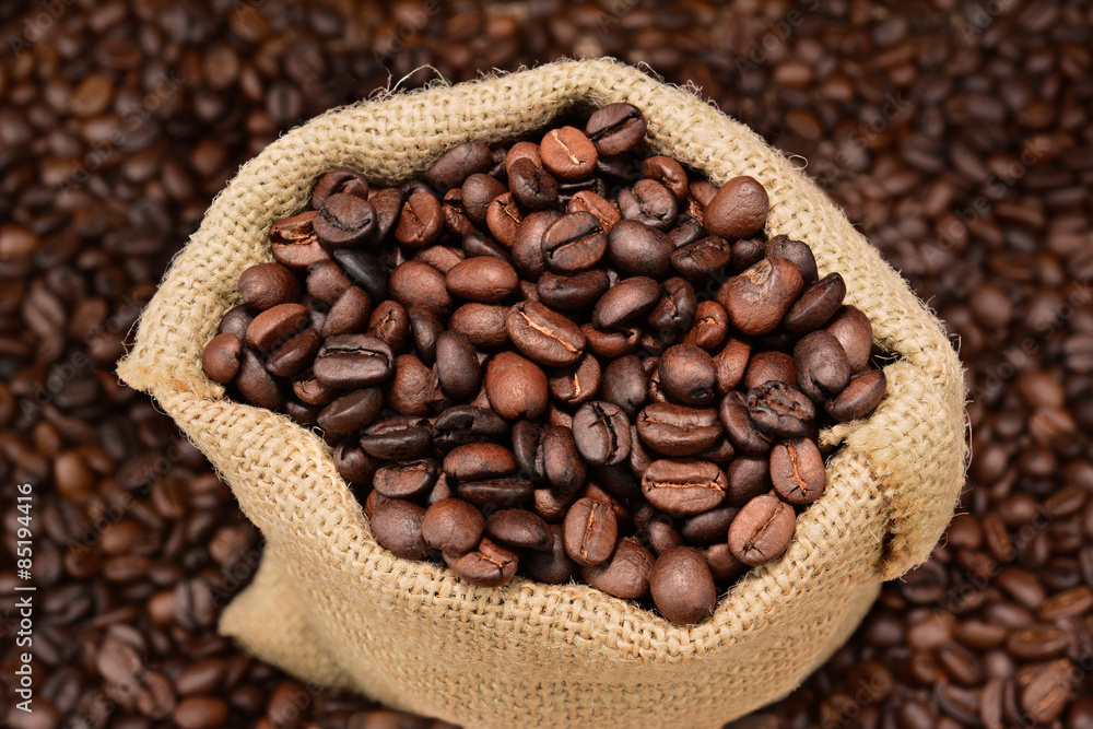 Fototapeta premium Coffee Beans Burlap Sack