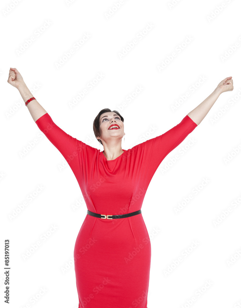 Happy beautiful plus size woman in red dress with hands up Happy beautiful plus size woman in red dress with hands up