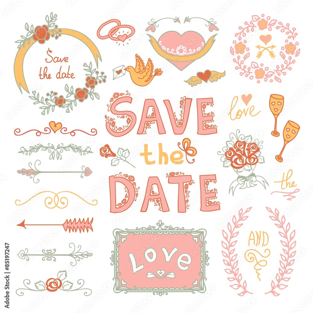 Naklejka premium Set of wedding decorative elements