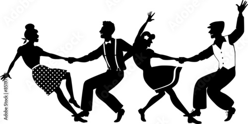 Vector silhouette of two young couple dressed in 1940s fashion dancing lindy hop or swing in a formation, isolated on white, no white objects, EPS 8