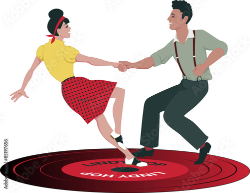 Young Caucasian couple dressed in late 1940s early 1950s fashion dancing lindy hop on a vinyl record, no transparencies, EPS 8