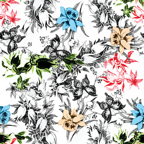 Seamless floral pattern with watercolor flowers and butterflies