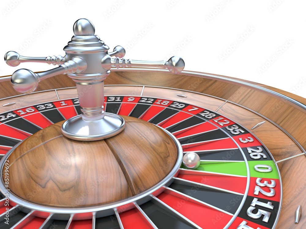 Roulette wheel. 3D render illustration isolated on white background. Detail on zero green pocket Roulette wheel. 3D render illustration isolated on white background. Detail on zero green pocket