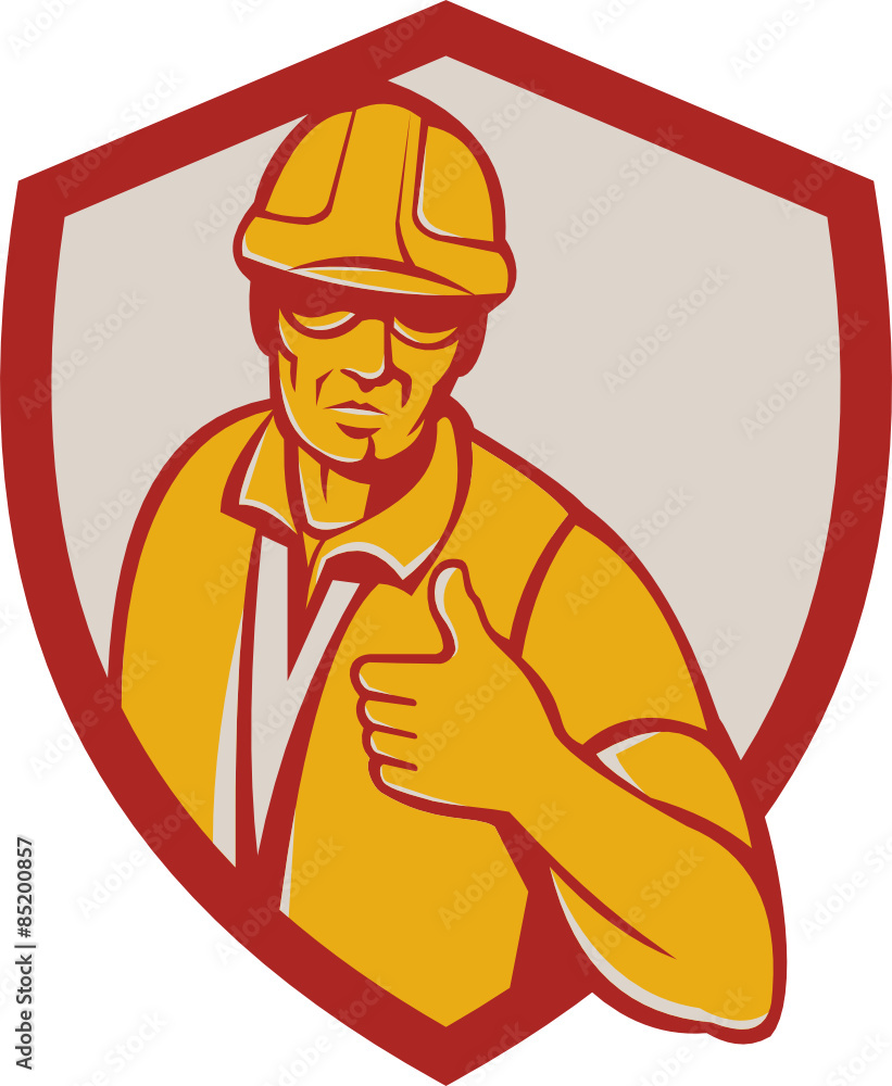 Construction Worker Thumbs Up Shield Retro Construction Worker Thumbs Up Shield Retro