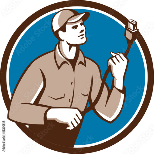 Worker Holding HDMI Plug Cord Circle Retro