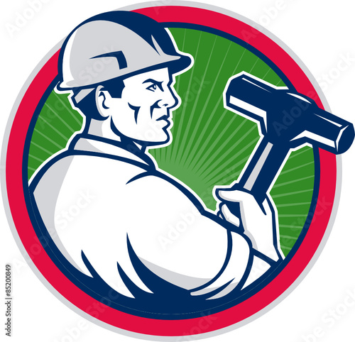 Demolition Worker Sledgehammer Circle Retro