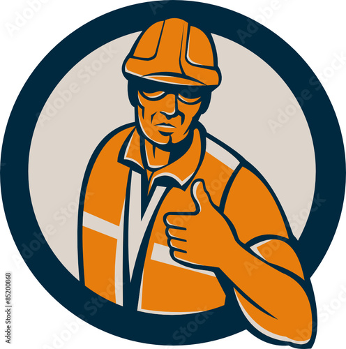 Construction Worker Thumbs Up Circle Retro