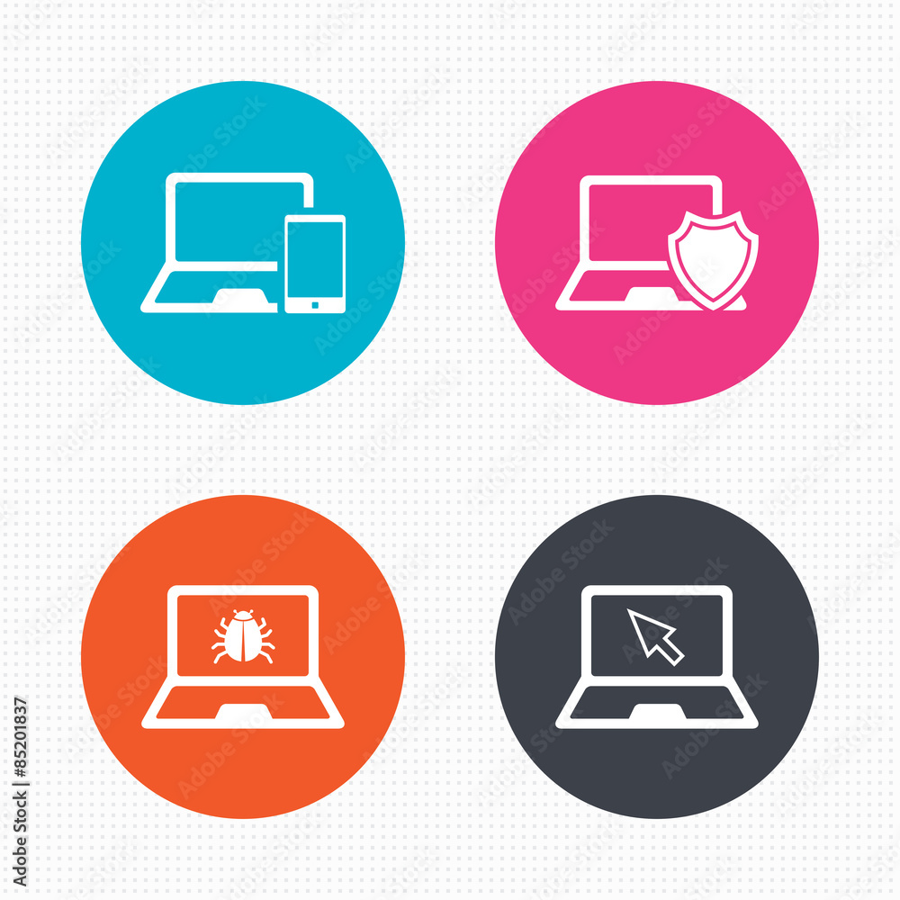 Notebook laptop pc icons. Virus or software bug. Notebook laptop pc icons. Virus or software bug.
