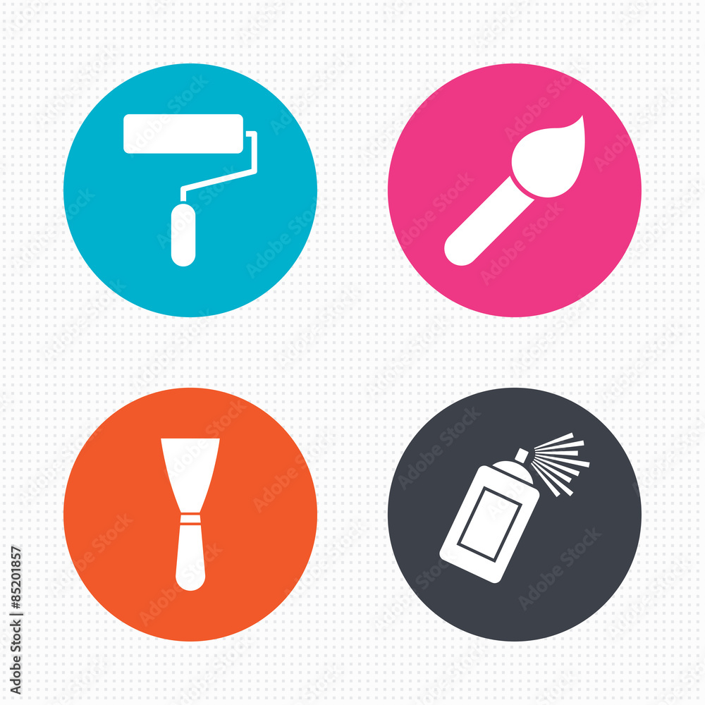 Paint roller, brush icon. Spray can and Spatula. Paint roller, brush icon. Spray can and Spatula.
