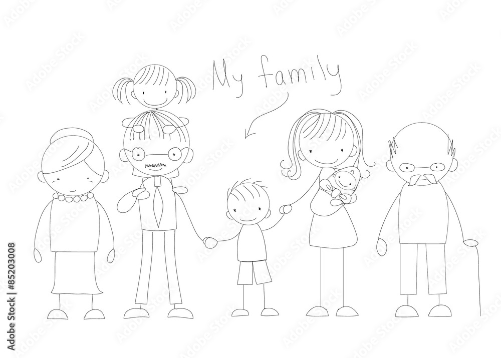 Vector children's doodle of happy family