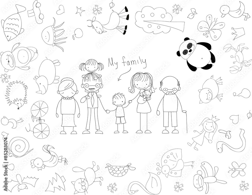 Vector children's doodle of happy family