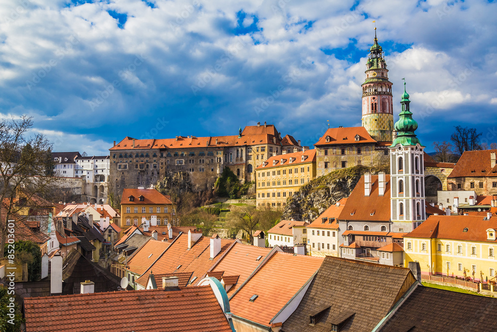 Cesky Krumlov castle with dramatic stormy sky, Czech Republic Cesky Krumlov castle with dramatic stormy sky, Czech Republic