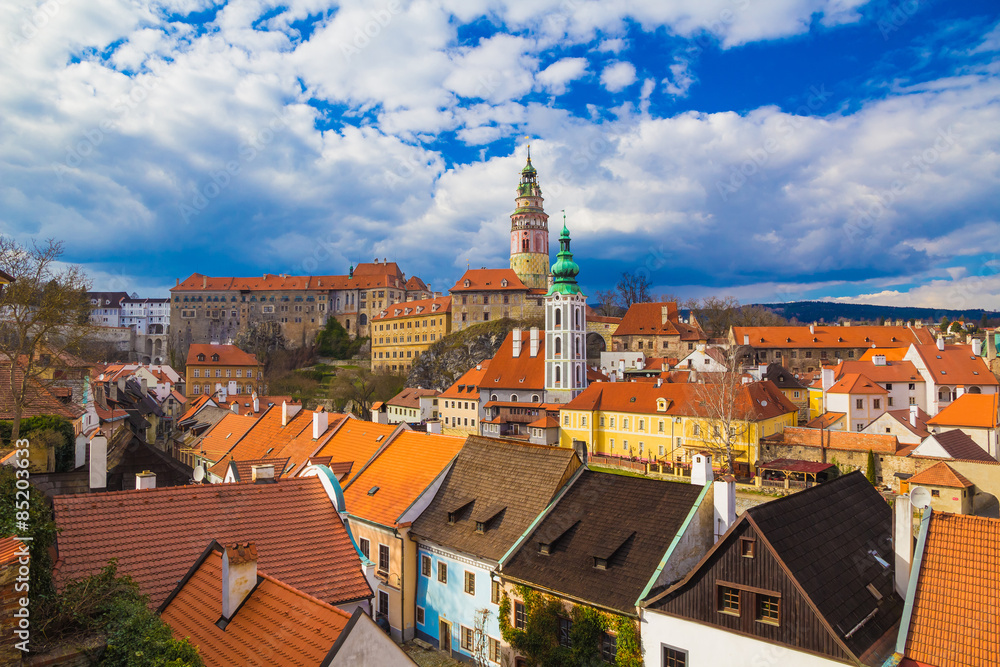 Cesky Krumlov castle with dramatic stormy sky, Czech Republic