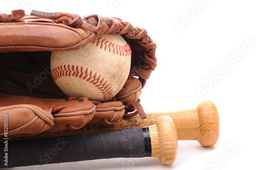 Baseball Glove ball and two bats on white with copyspace