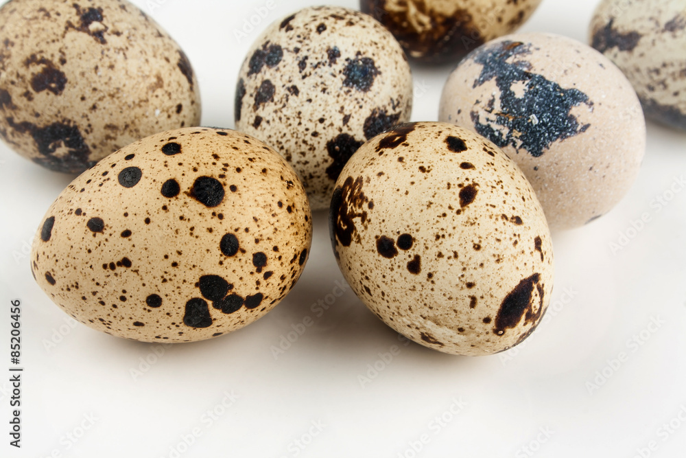 Five quail eggs on white background