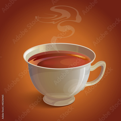 Isolated realistic white tea cup with vapor on brown background