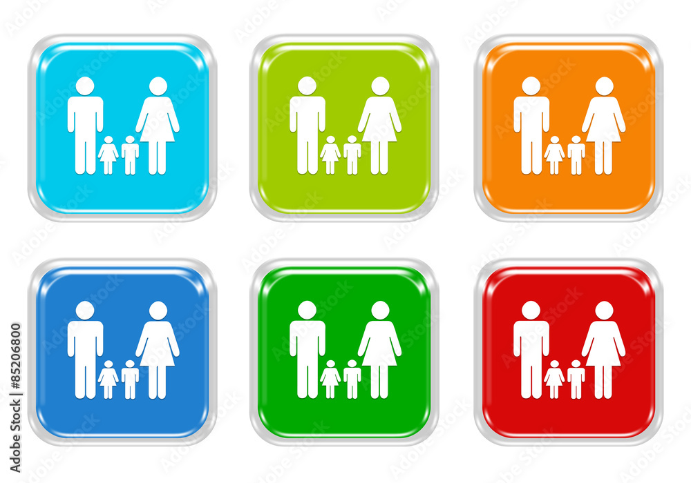 Set of squared colorful buttons with family symbol Set of squared colorful buttons with family symbol