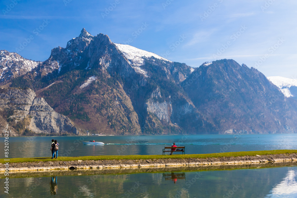 View of the mountain alpine lake in Traunkirchen, Austria, Europe