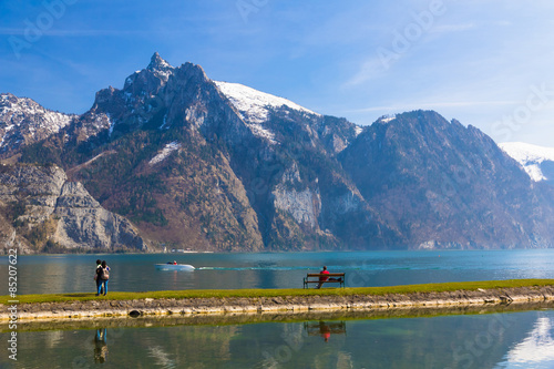 View of the mountain alpine lake in Traunkirchen, Austria, Europe © jsk12