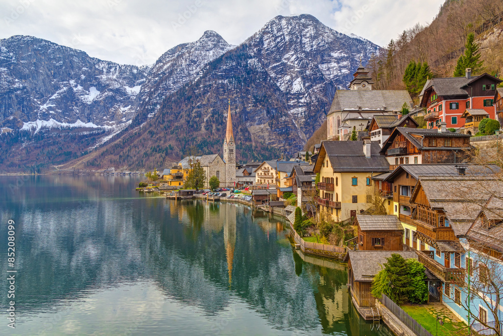 Hallstatt town with traditional wooden houses, Austria, Europe
