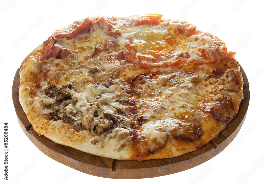 Classic pizza with meat products, mushrooms and cheese. Isolated on white.