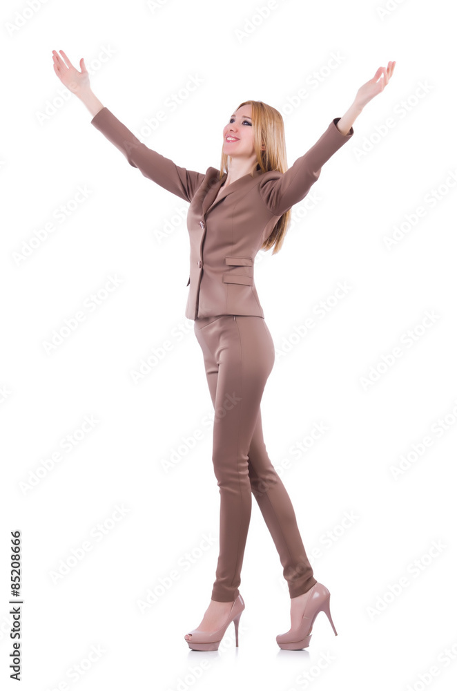 Young businesswman with raised hands isolated on white Young businesswman with raised hands isolated on white