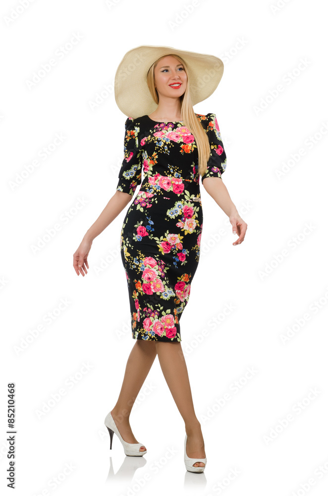 Cute blonde girl in floral dress isolated on white Cute blonde girl in floral dress isolated on white