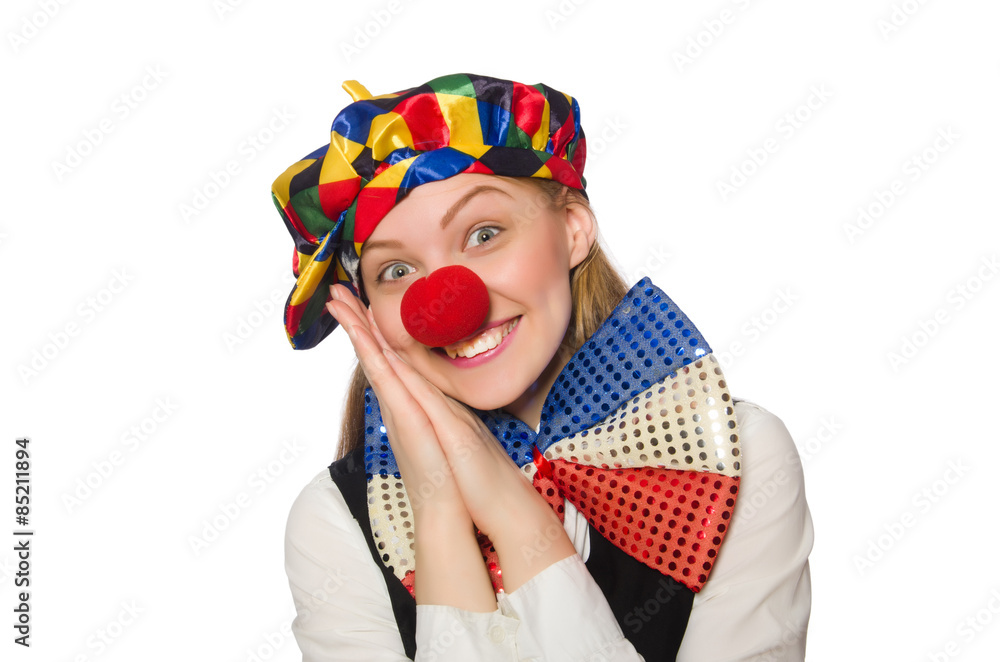 Pretty female clown isolated on white Pretty female clown isolated on white
