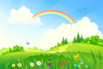 Ingelijste posters Regenboog Zomerse regenboog boven groene weide  © Merggy