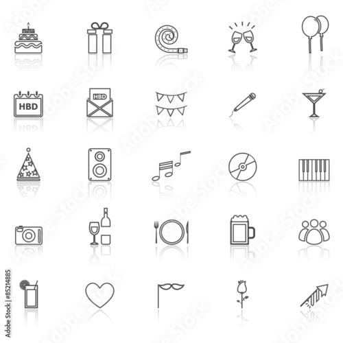 Birthday line icons with reflect on white